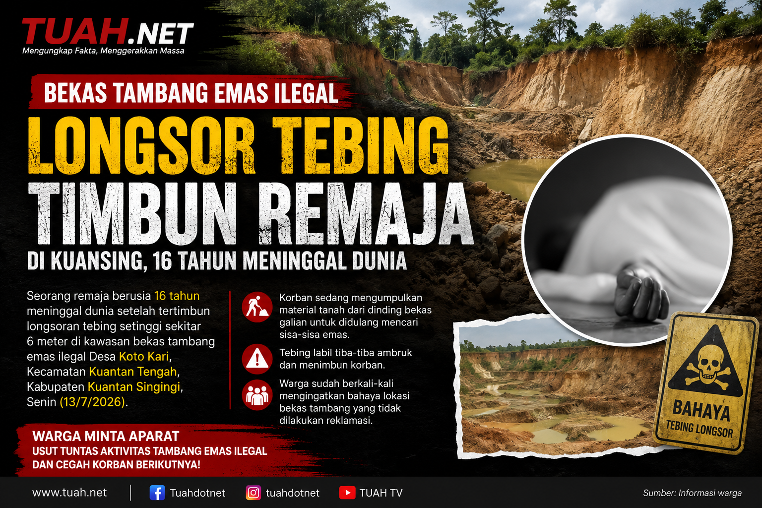 Remaja di Riau Meninggal Dunia Tertimbun Longsor Bekas Galian Tambang