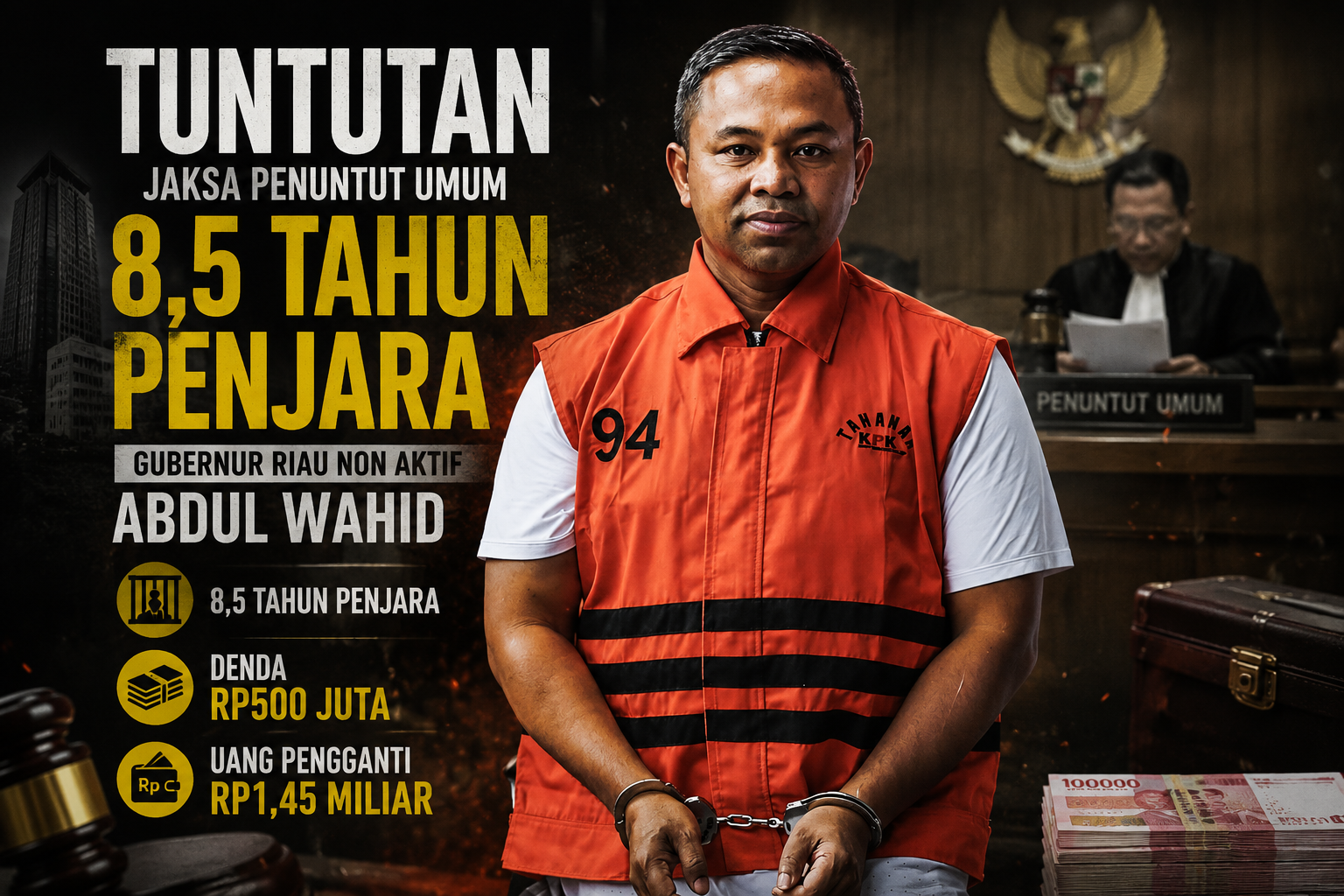 Abdul Wahid, Gubernur Riau nonaktif Dituntut 8,5 Tahun Penjara, Denda Rp 500 Juta, dan Uang Pengganti Rp1,45 Miliar