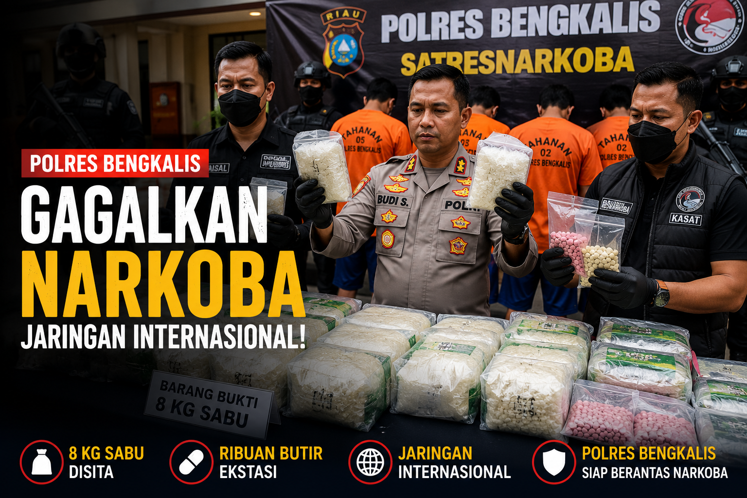 Polres Bengkalis Gagalkan Peredaran Narkoba Jaringan Internasional, Sita 8 Kg Sabu dan Ekstasi