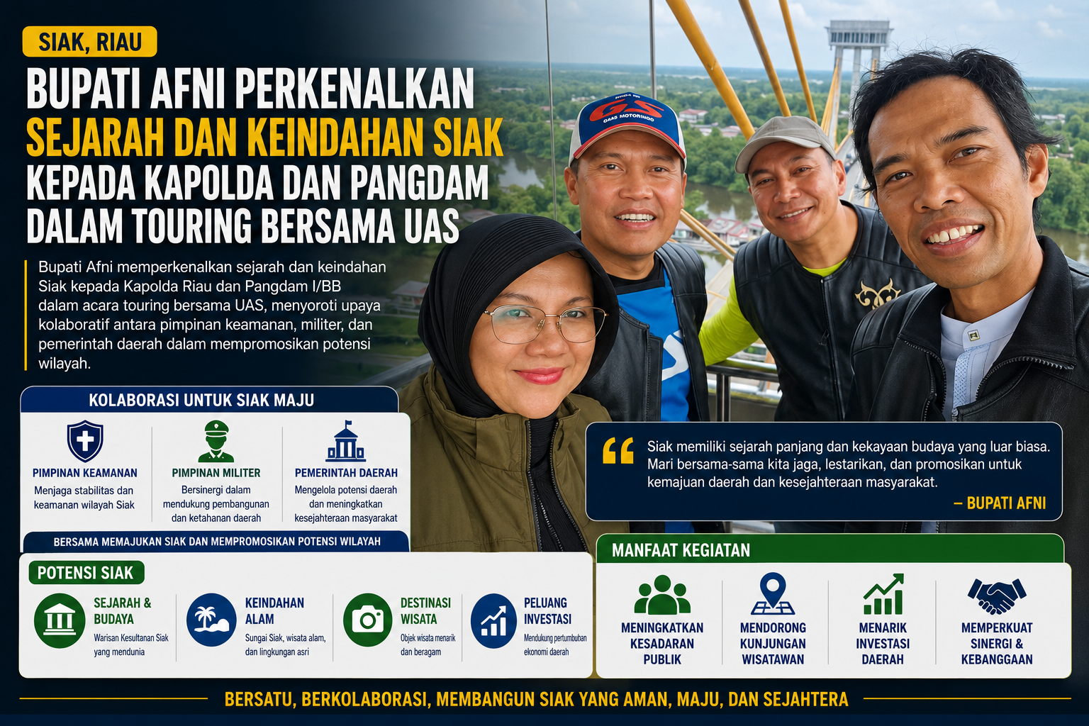 Bupati Afni Kenalkan Sejarah dan Keindahan Siak kepada Kapolda, Pangdam, dan UAS Saat Touring