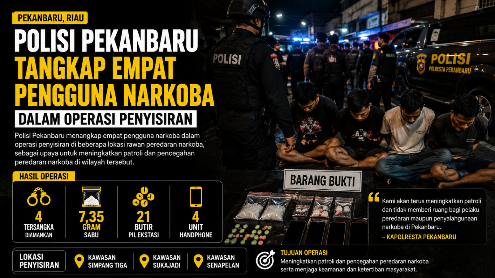 Polisi Pekanbaru Tangkap Empat Pengguna Narkoba saat Sisir Kampung Dalam dan Pangeran Hidayat