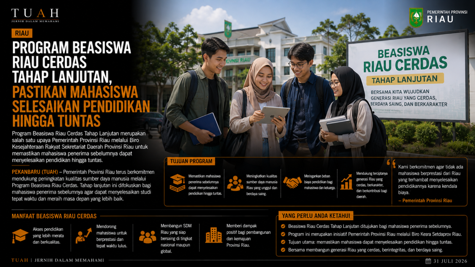 Pendaftaran Beasiswa Riau Cerdas Tahap Lanjutan 2026 Dibuka, Ini Jadwal dan Syarat yang Wajib Dilengkapi